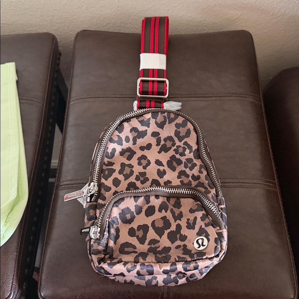 lululemon athletica Leopard Print Crossbody Bag with Red Strap